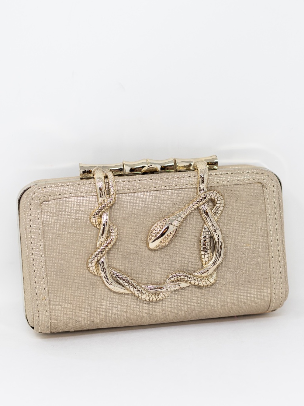 Elaine Turner Gold Metallic Woven Textured Snake Animal Clutch Snap Purse Bag
